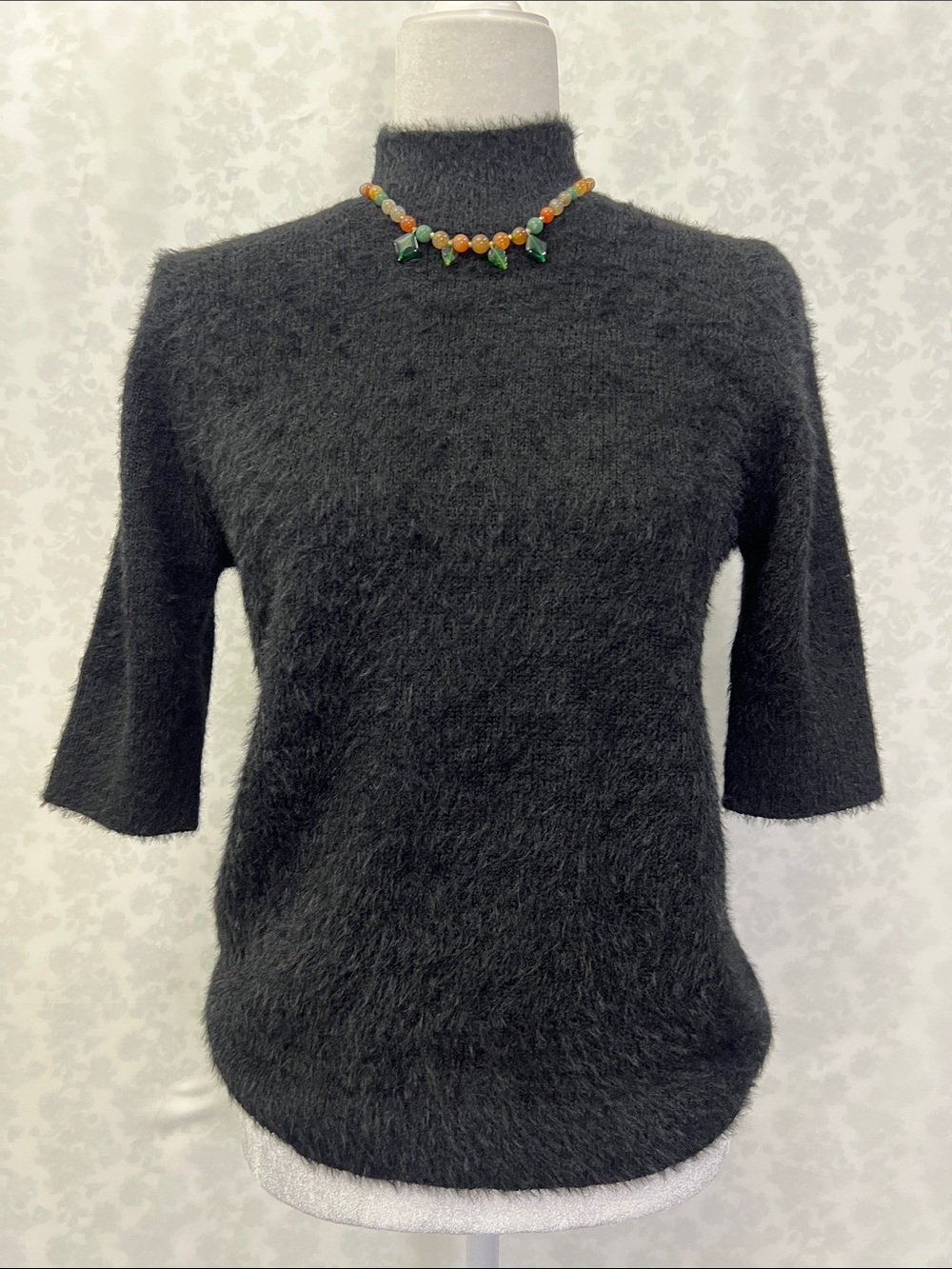 Black Fuzzy Short-Sleeve Turtleneck Sweater